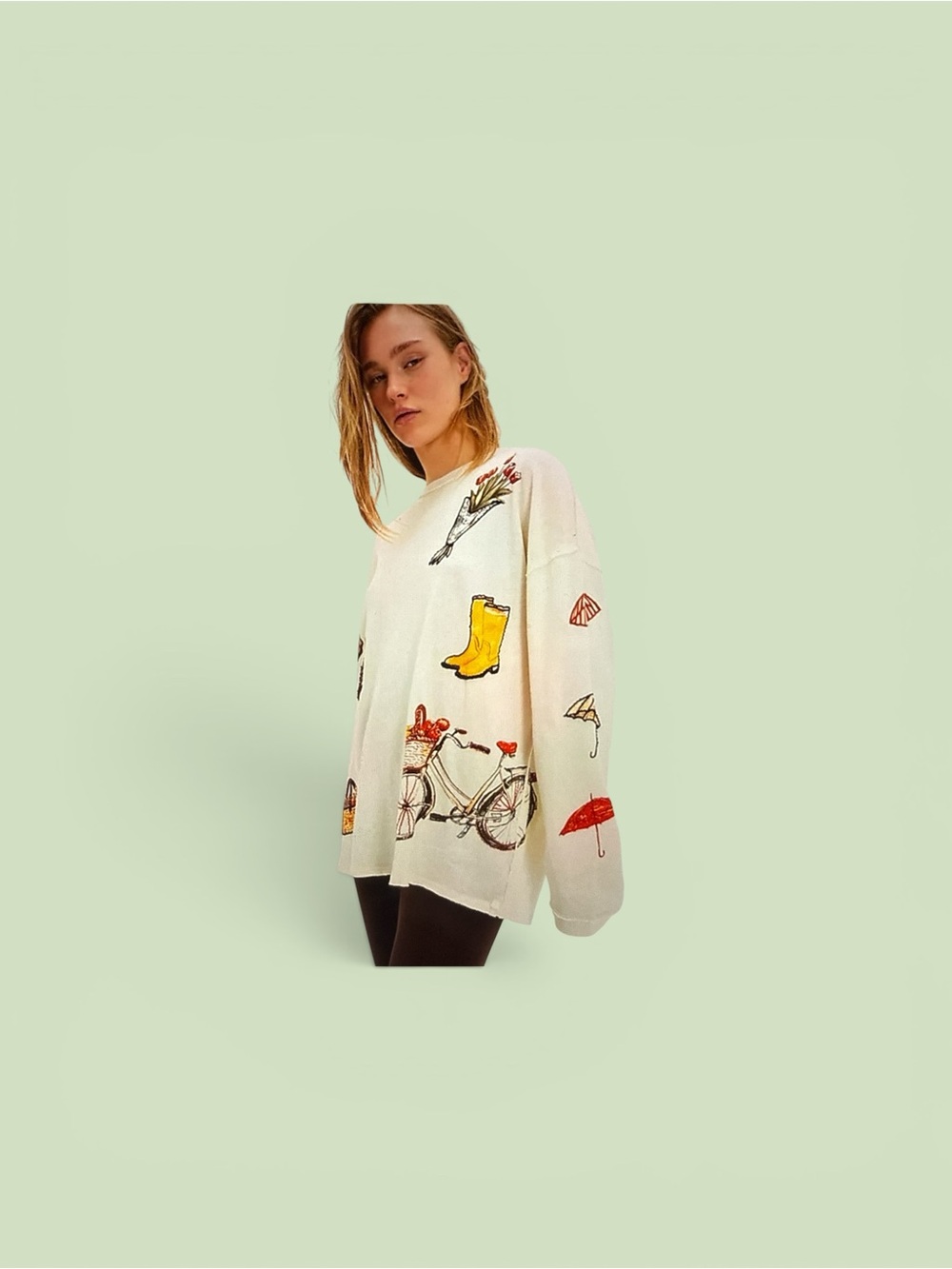 Free People Cream Illustrated Pullover Sweater with Colorful Motifs